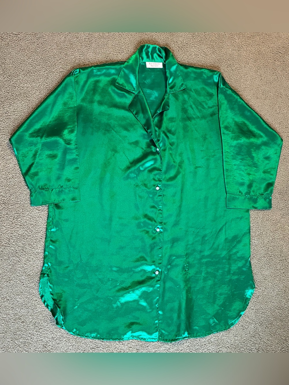 VTG Victoria's Secret Gold Label Sleep Shirt Night Gown Green Satin S Button Up